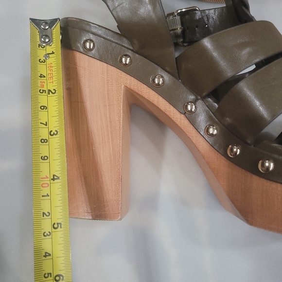 Leather Nine West Cage Chunky Heel Sandals Sz 10 Army Green Fisherman Clogs - Picture 8 of 12